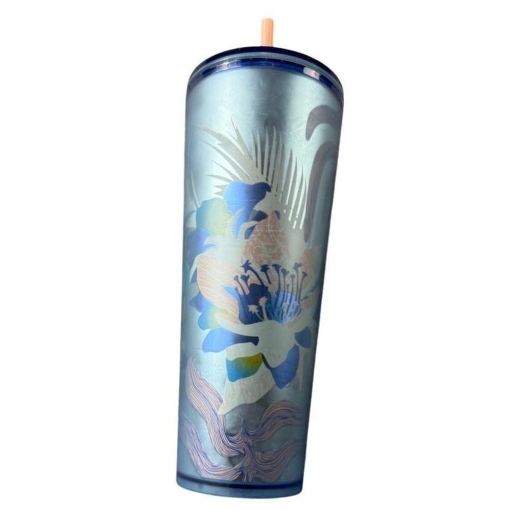 Starbucks Tumbler Frosted Blue Floral 24oz Cold Cup with Straw&Lid - Picture 2 of 7
